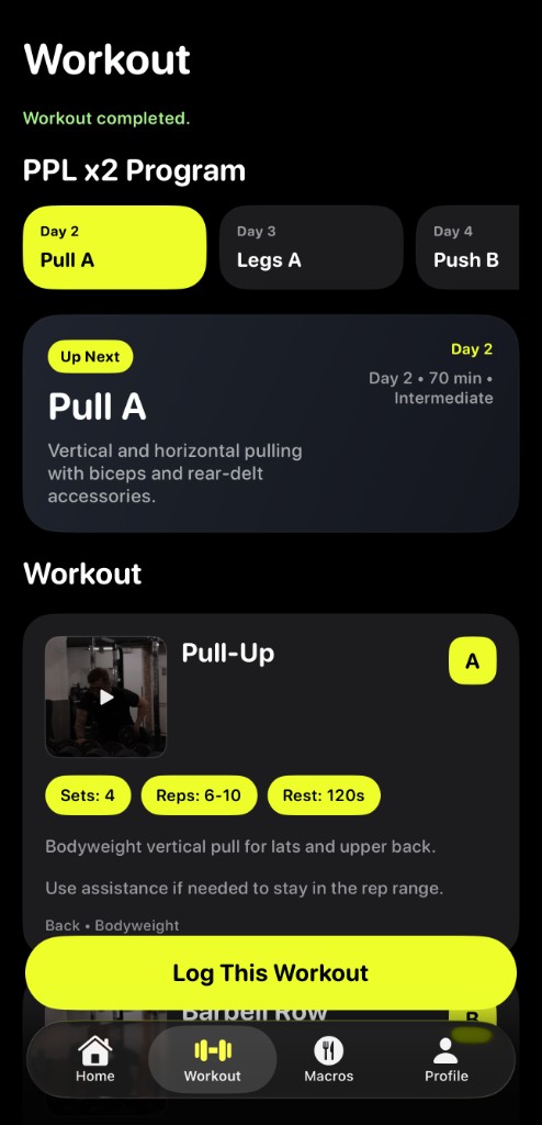 GF Training app - æfingaplön, makró og mælingar á iPhone